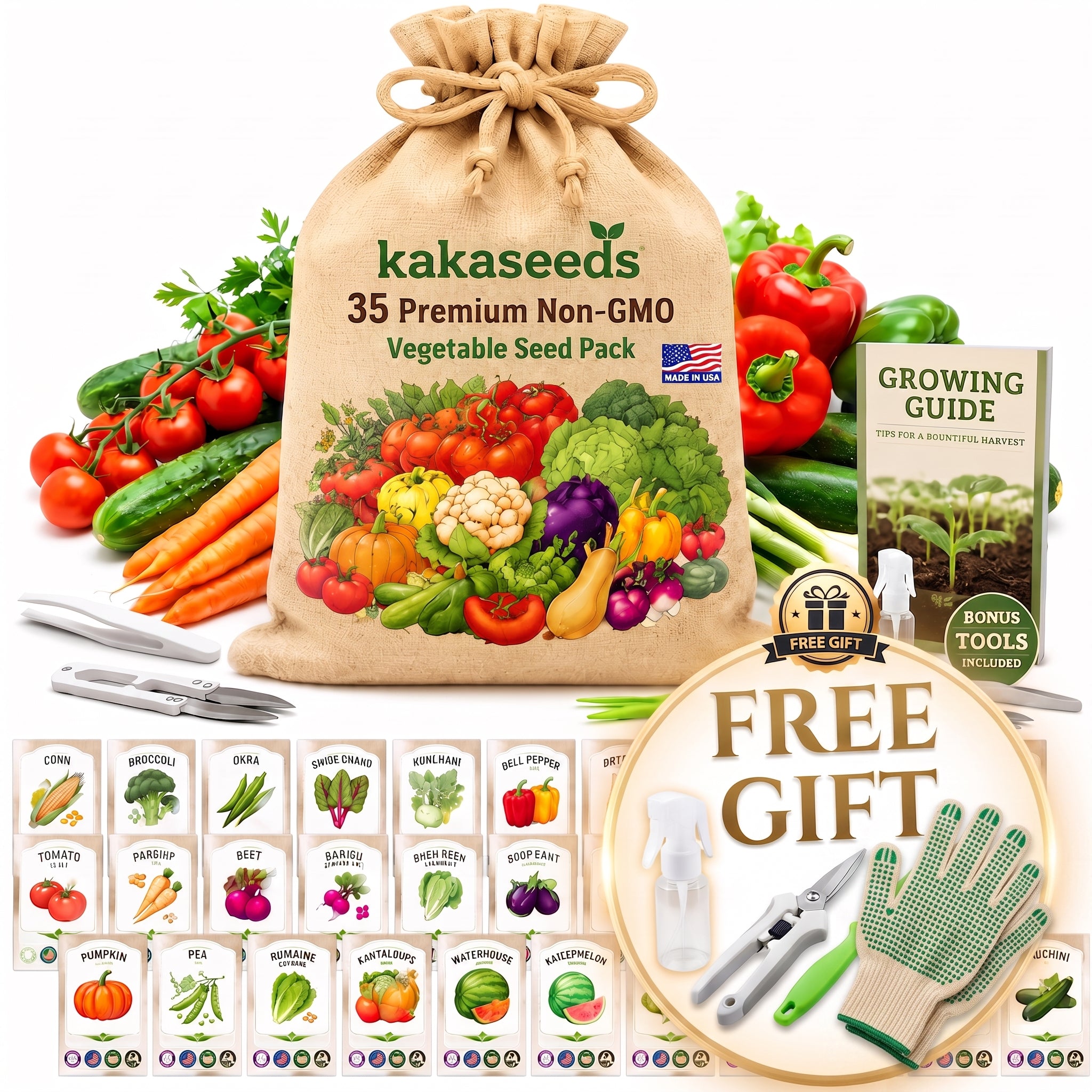 35 Individually Packed Heirloom Vegetable Seed Varieties — 16,000+ Non-GMO Seeds | FREE Gloves & Markers | Fall Planting
